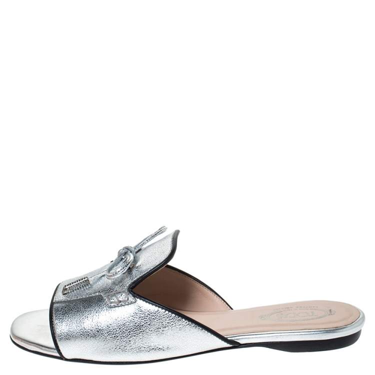 Pre Owned Tod's Metallic Leather Open Toe Flat Slides Size 36