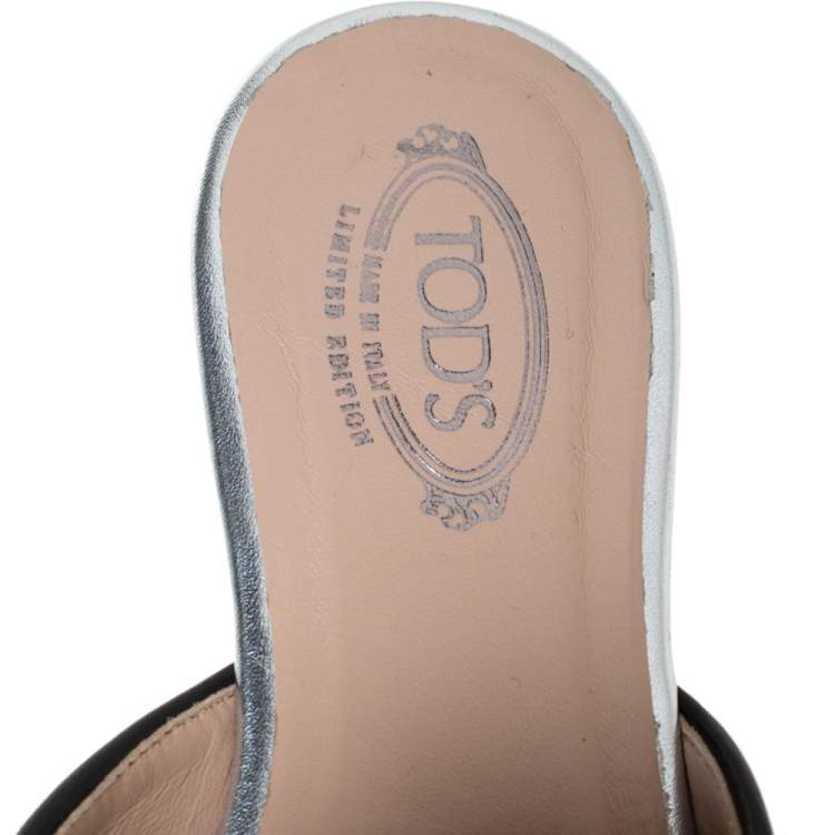 Pre Owned Tod's Metallic Leather Open Toe Flat Slides Size 36