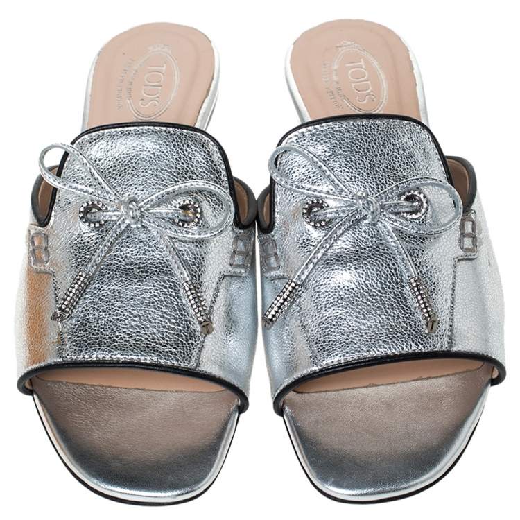 Pre Owned Tod's Metallic Leather Open Toe Flat Slides Size 36