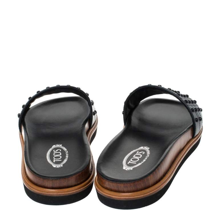 Pre Owned Tod's Black Leather Studded Flat Slides Size 39