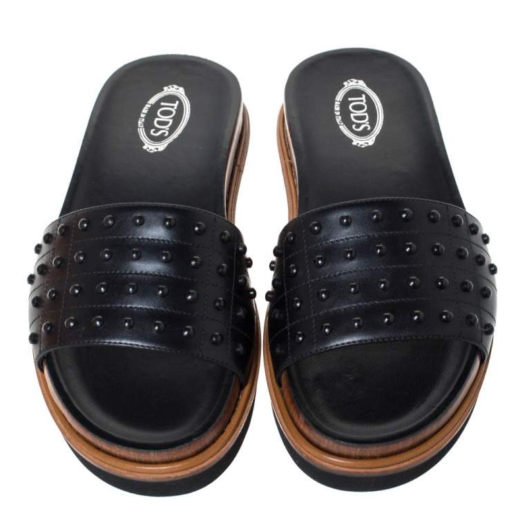 Pre Owned Tod's Black Leather Studded Flat Slides Size 39