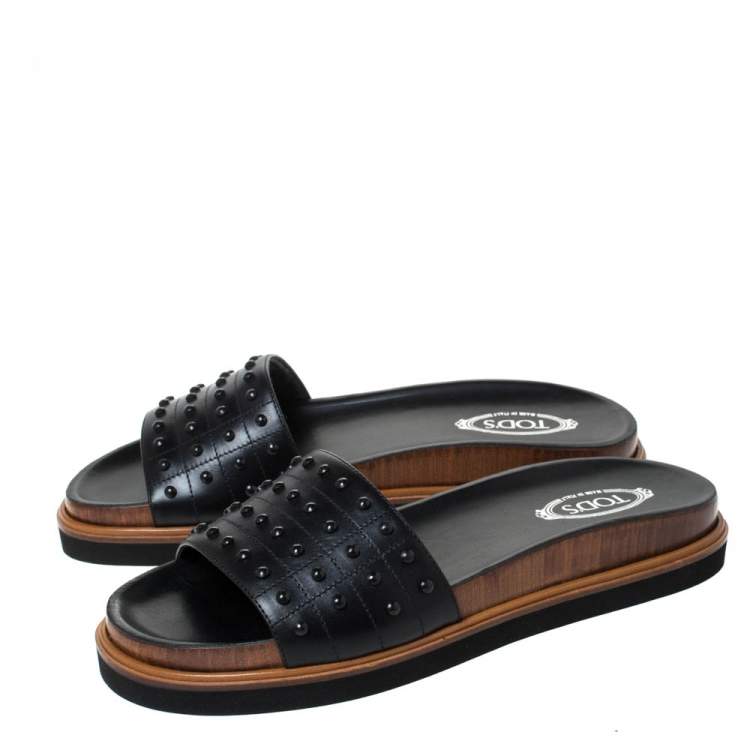 Pre Owned Tod's Black Leather Studded Flat Slides Size 39