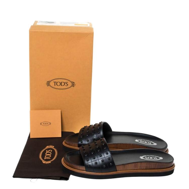 Pre Owned Tod's Black Leather Studded Flat Slides Size 39