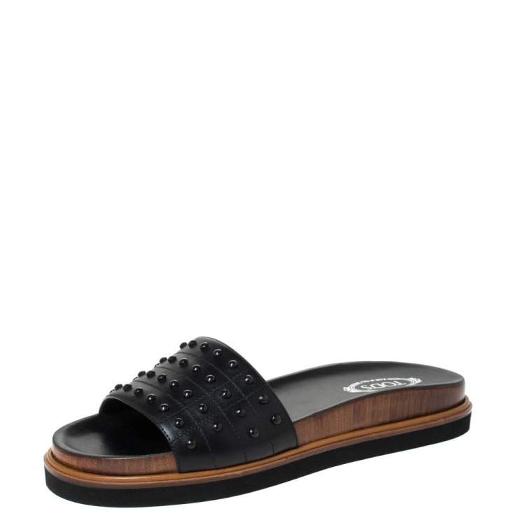 Pre Owned Tod's Black Leather Studded Flat Slides Size 39