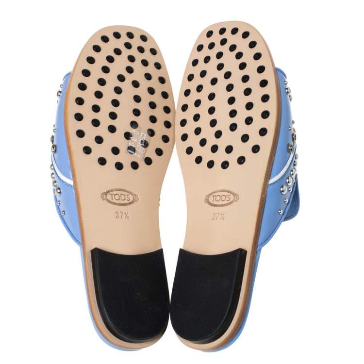 Pre Owned Tod's Blue Leather Studded Flat Slides Size 37.5