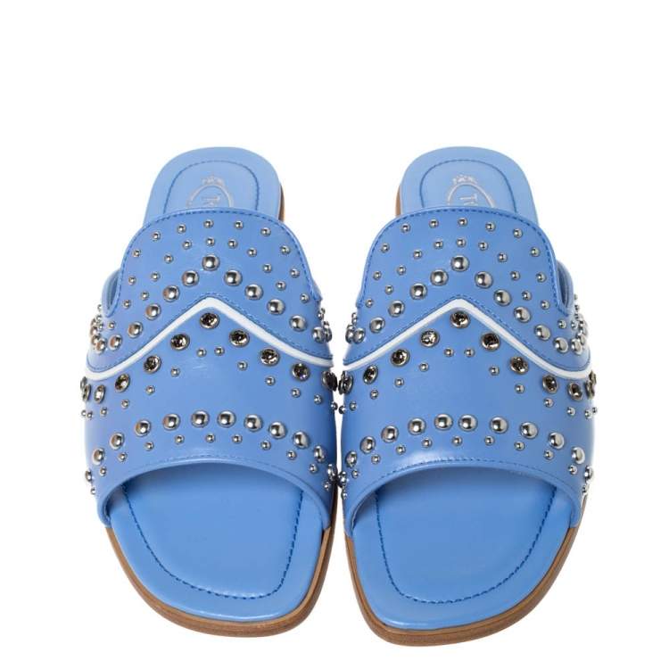Pre Owned Tod's Blue Leather Studded Flat Slides Size 37.5