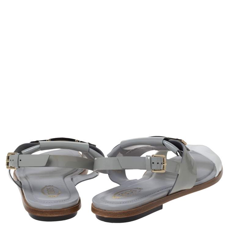 Pre Owned Tod's Grey/White Patent Leather T-Strap Buckle Detail Flat Sandals Size 39.5