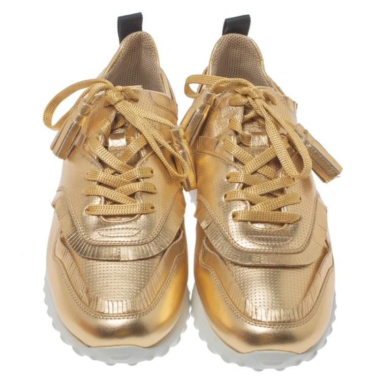Pre Owned Tod's Metallic Gold Perforated Leather Tassel Lace Low Top Sneakers Size 39