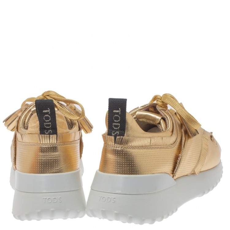 Pre Owned Tod's Metallic Gold Perforated Leather Tassel Lace Low Top Sneakers Size 39
