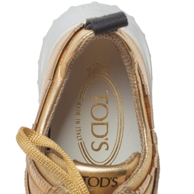 Pre Owned Tod's Metallic Gold Perforated Leather Tassel Lace Low Top Sneakers Size 39