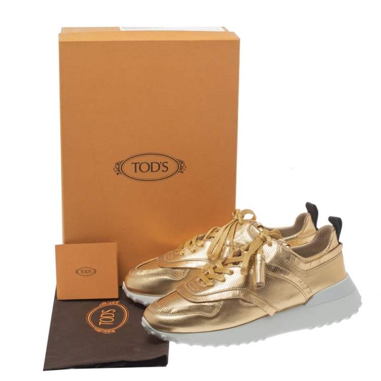 Pre Owned Tod's Metallic Gold Perforated Leather Tassel Lace Low Top Sneakers Size 39