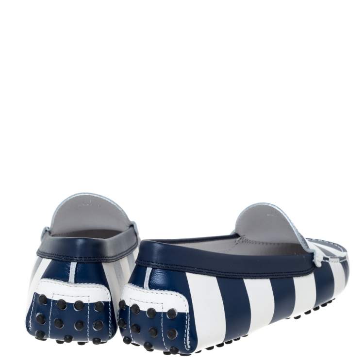 Pre Owned Tod's Blue/White Striped Leather Slip On Loafers Size 40