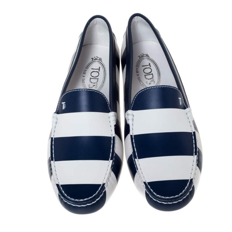 Pre Owned Tod's Blue/White Striped Leather Slip On Loafers Size 40