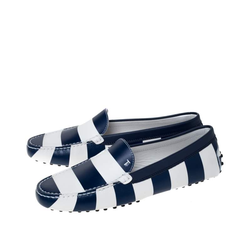 Pre Owned Tod's Blue/White Striped Leather Slip On Loafers Size 40