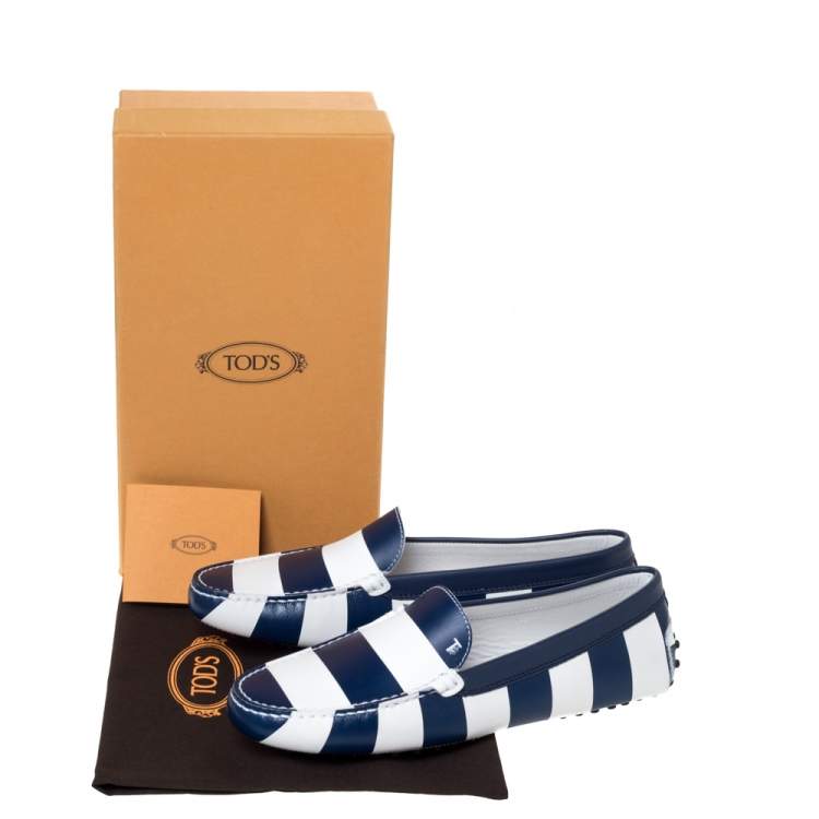 Pre Owned Tod's Blue/White Striped Leather Slip On Loafers Size 40