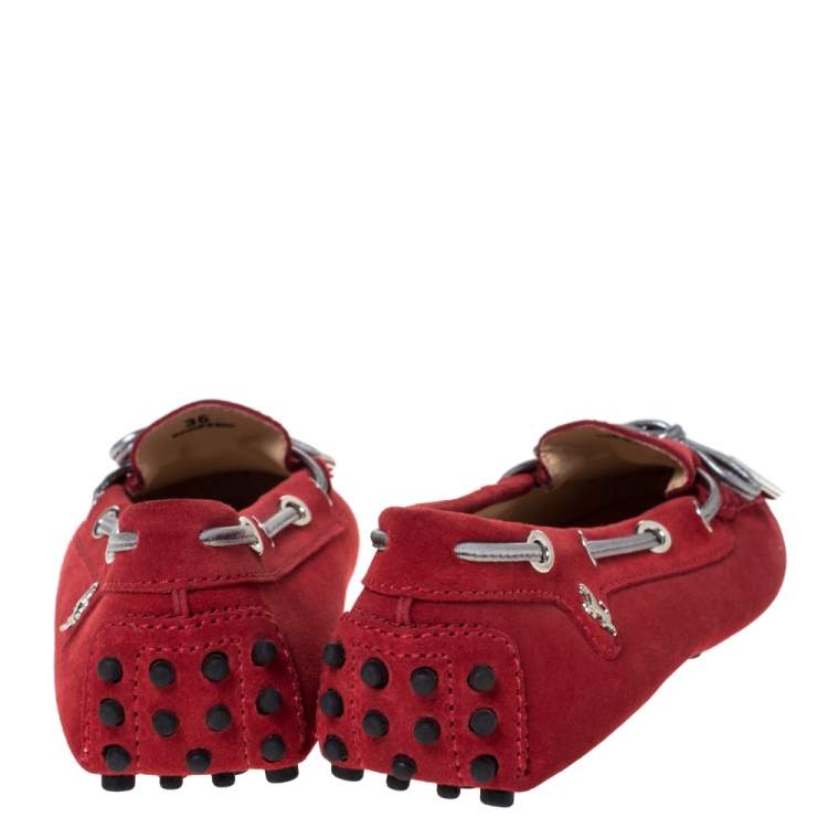 Pre Owned Tod's For Ferrari Red Suede Leather Bow Slip On Loafers Size 36