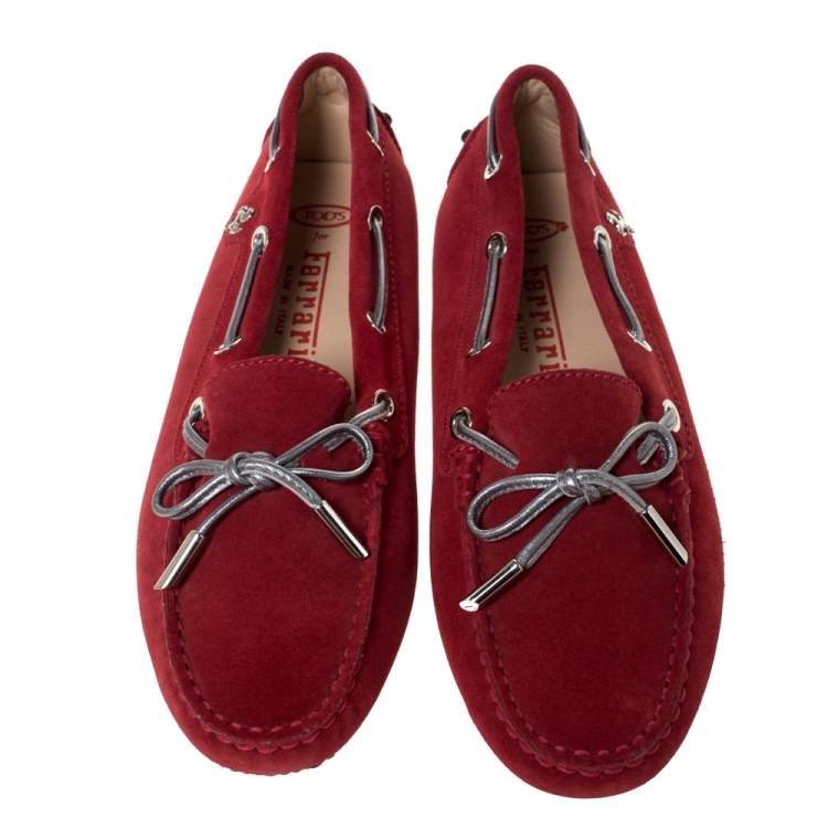 Pre Owned Tod's For Ferrari Red Suede Leather Bow Slip On Loafers Size 36