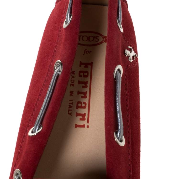 Pre Owned Tod's For Ferrari Red Suede Leather Bow Slip On Loafers Size 36