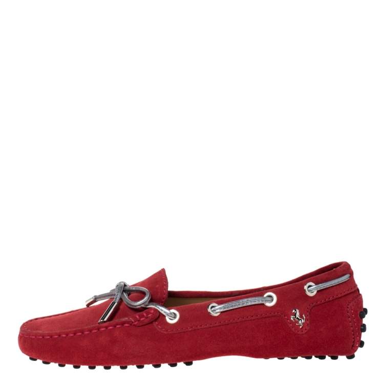 Pre Owned Tod's For Ferrari Red Suede Leather Bow Slip On Loafers Size 36