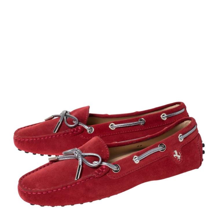 Pre Owned Tod's For Ferrari Red Suede Leather Bow Slip On Loafers Size 36