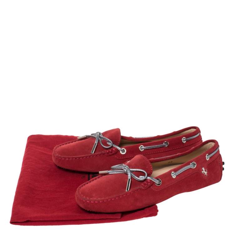 Pre Owned Tod's For Ferrari Red Suede Leather Bow Slip On Loafers Size 36