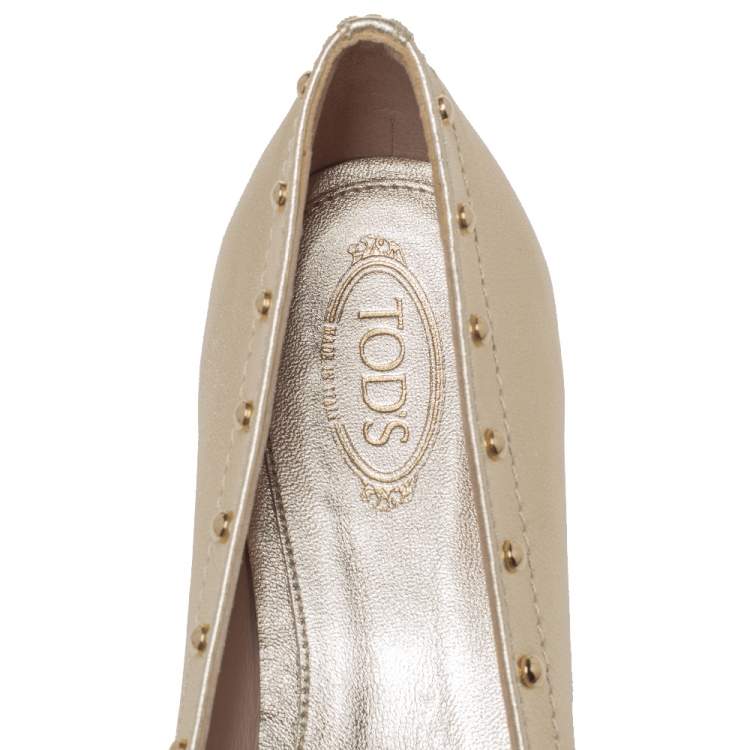 Pre Owned Tod's Metallic Gold Leather Studded Ballet Flats Size 37.5