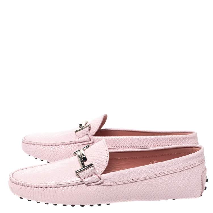 Pre Owned Tod's Pink Python Embossed Leather Double T Slip On Loafers Size 40.5