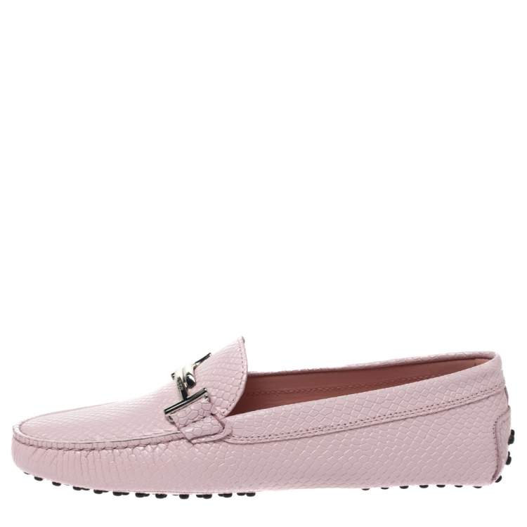 Pre Owned Tod's Pink Python Embossed Leather Double T Slip On Loafers Size 40.5