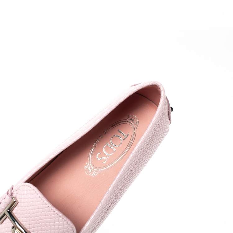 Pre Owned Tod's Pink Python Embossed Leather Double T Slip On Loafers Size 40.5