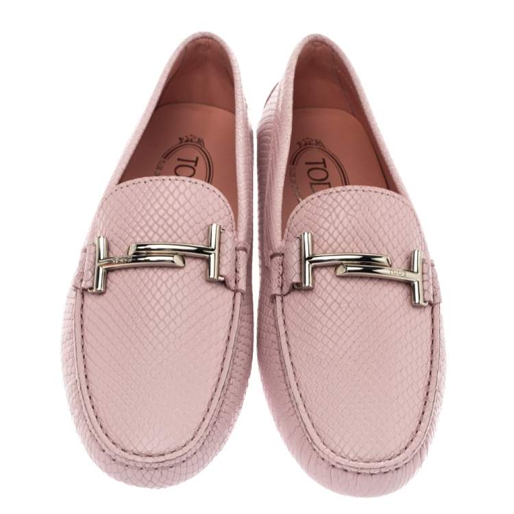 Pre Owned Tod's Pink Python Embossed Leather Double T Slip On Loafers Size 40.5