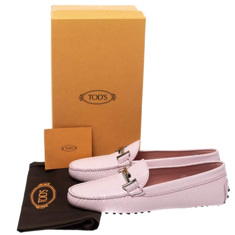 Pre Owned Tod's Pink Python Embossed Leather Double T Slip On Loafers Size 40.5