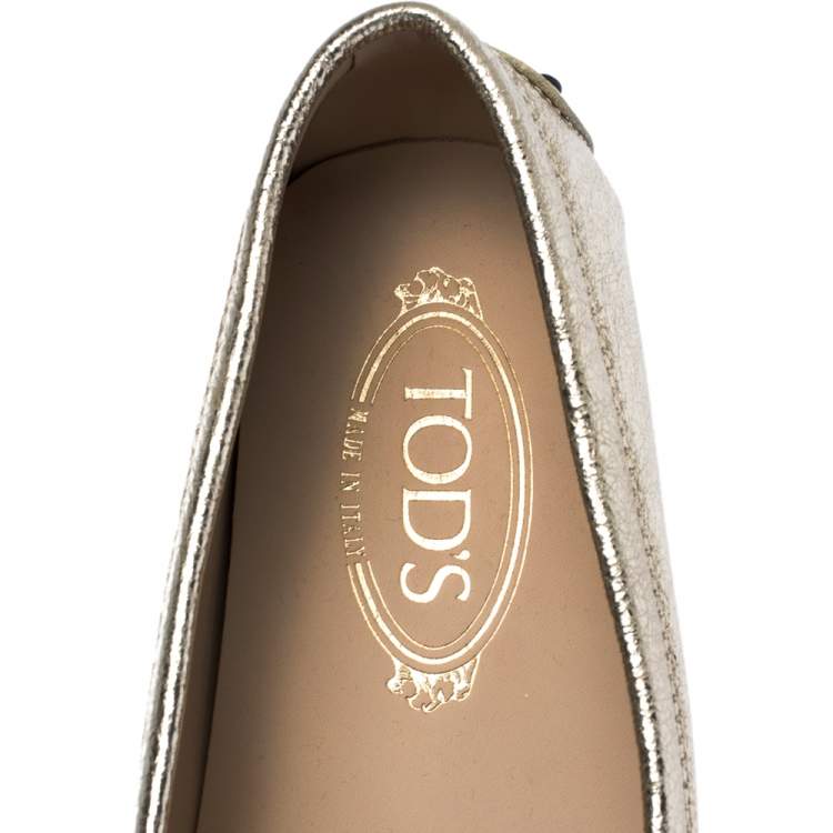 Pre Owned Tod's Metallic Gold Leather Double T Slip On Loafers Size 39