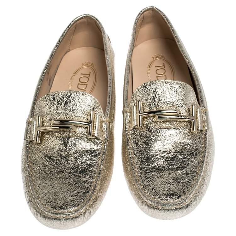 Pre Owned Tod's Metallic Gold Leather Double T Slip On Loafers Size 39