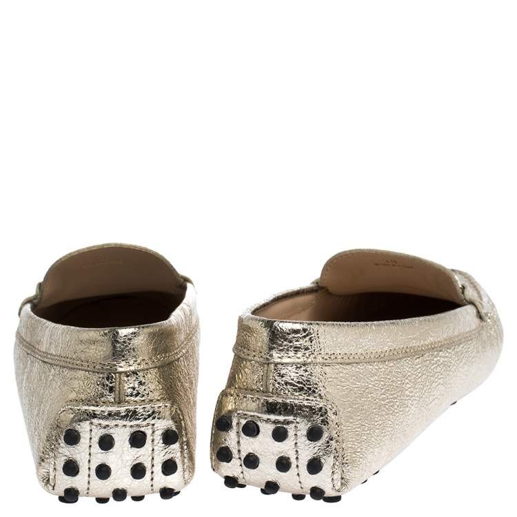 Pre Owned Tod's Metallic Gold Leather Double T Slip On Loafers Size 39
