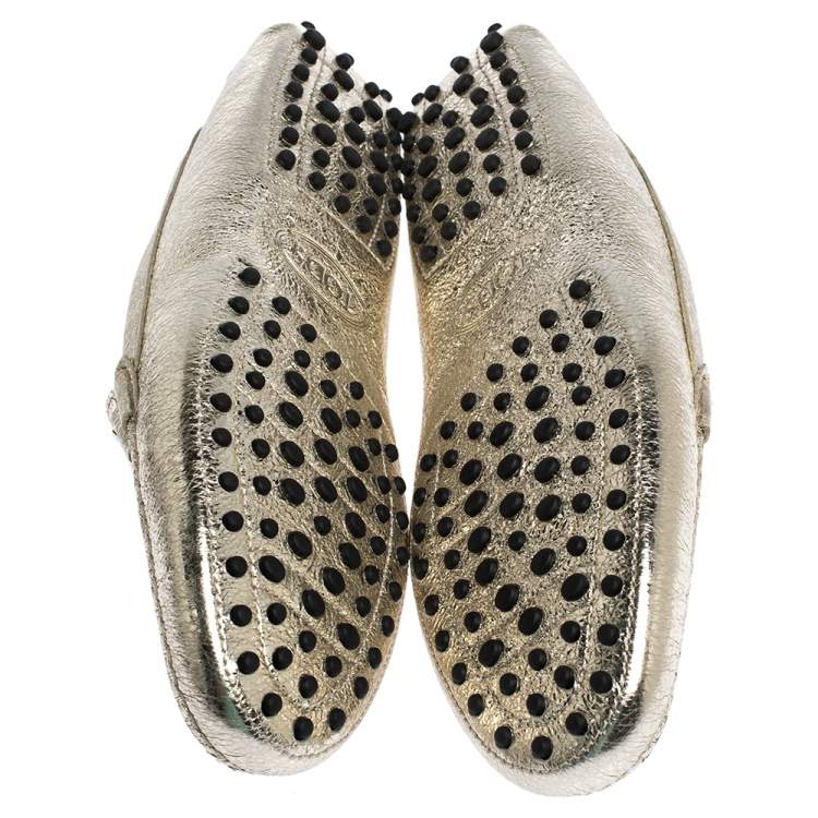 Pre Owned Tod's Metallic Gold Leather Double T Slip On Loafers Size 39