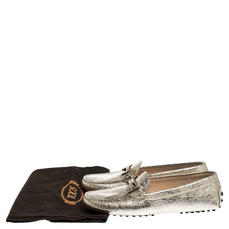 Pre Owned Tod's Metallic Gold Leather Double T Slip On Loafers Size 39