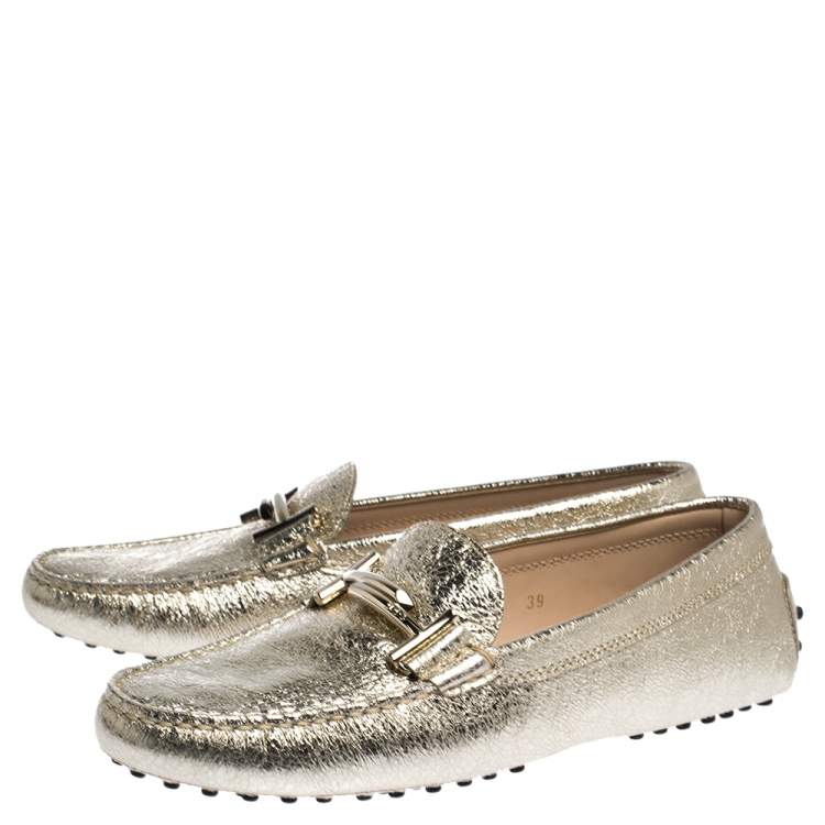 Pre Owned Tod's Metallic Gold Leather Double T Slip On Loafers Size 39