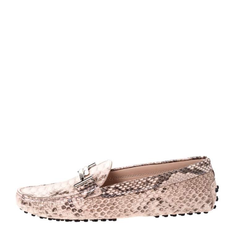 Pre Owned Tod's Two Tone Python Leather Double T Loafers Size 37.5