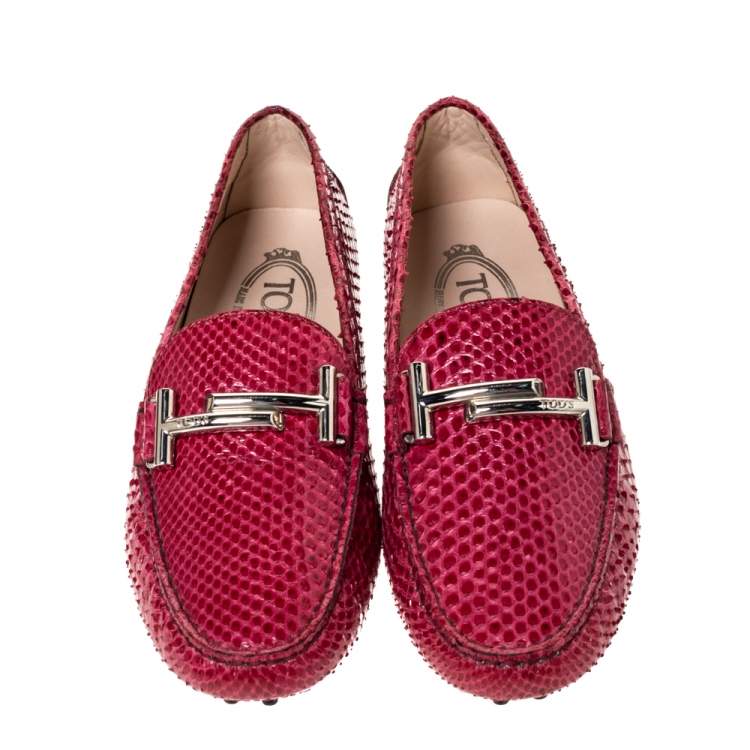 Pre Owned Tod's Dark Pink Python Double T Slip On Loafers Size 37