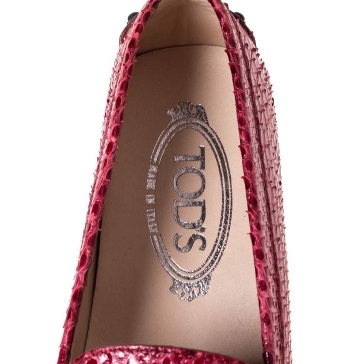 Pre Owned Tod's Dark Pink Python Double T Slip On Loafers Size 37