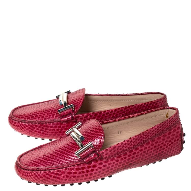 Pre Owned Tod's Dark Pink Python Double T Slip On Loafers Size 37
