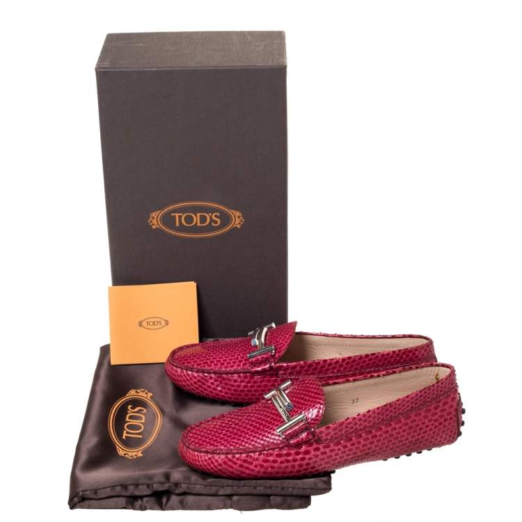 Pre Owned Tod's Dark Pink Python Double T Slip On Loafers Size 37