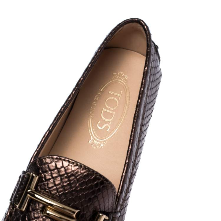 Pre Owned Tod's Metallic Brown Python Leather Double T Loafers Size 39