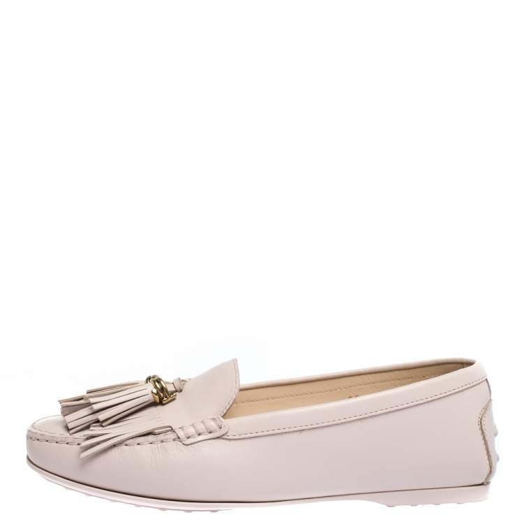 Pre Owned Tods Pale Pink Leather Fringed Loafers Size 38