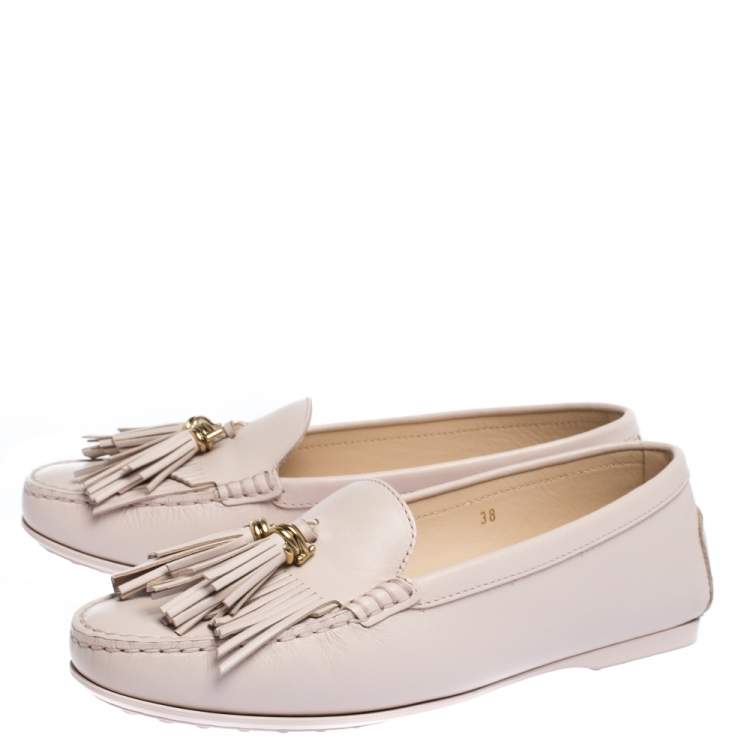 Pre Owned Tods Pale Pink Leather Fringed Loafers Size 38