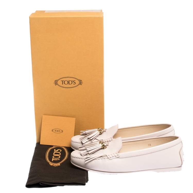 Pre Owned Tods Pale Pink Leather Fringed Loafers Size 38