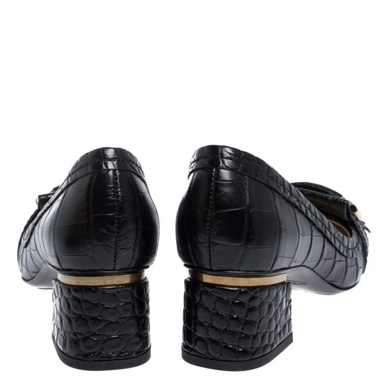 Pre Owned Tods Black Croc Embossed Leather Fringed Buckle Pumps Size 37