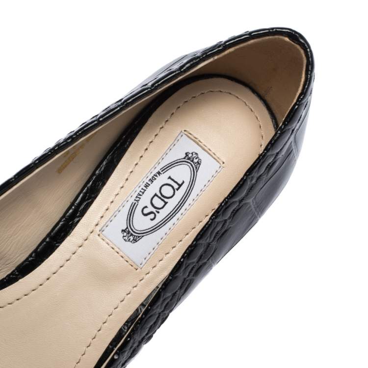 Pre Owned Tods Black Croc Embossed Leather Fringed Buckle Pumps Size 37