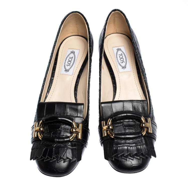 Pre Owned Tods Black Croc Embossed Leather Fringed Buckle Pumps Size 37