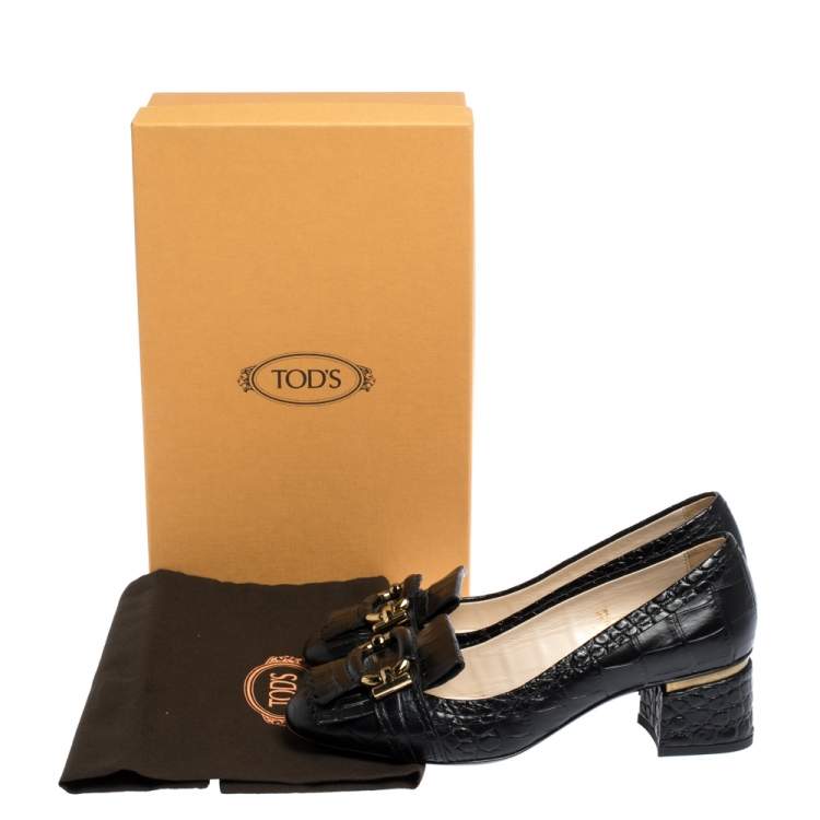 Pre Owned Tods Black Croc Embossed Leather Fringed Buckle Pumps Size 37